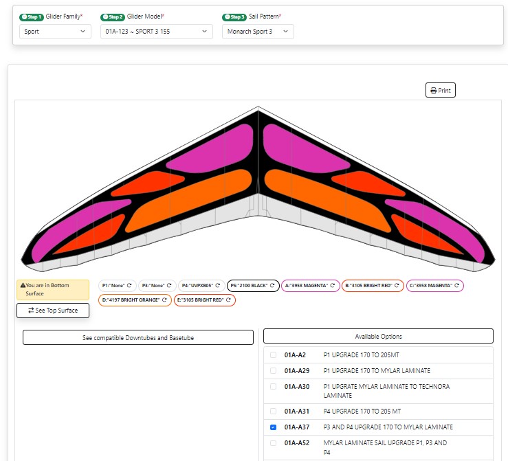 Wills Wing hang glider online color picker and options tool